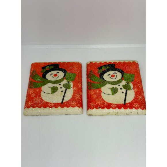 VTG Classic Snowman Coasters Set of 2 | Red & Green Christmas Tile Decor Holiday - Picture 5 of 9